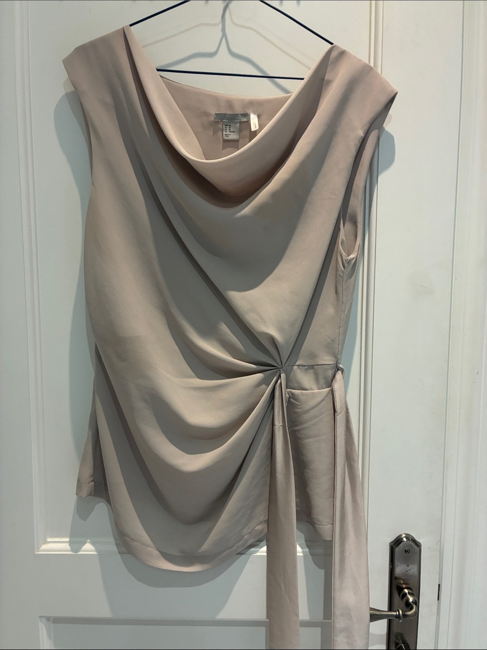 H&M Taupe Drape Cowl Neck Side Tie Blouse Size 10 👵MT